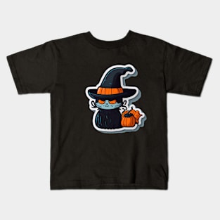 cat with witch hat on halloween Kids T-Shirt